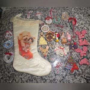 Vintage Christmas Ornament Lot + Large Satin Stocking – Mixed Handmade & Collec